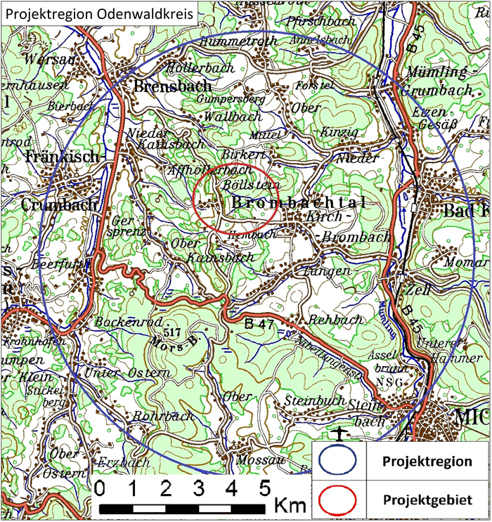 Abb. 1: Übersichtskarte zu der Projektregion „Odenwaldkreis" mit einem Projektgebiet in Hessen.