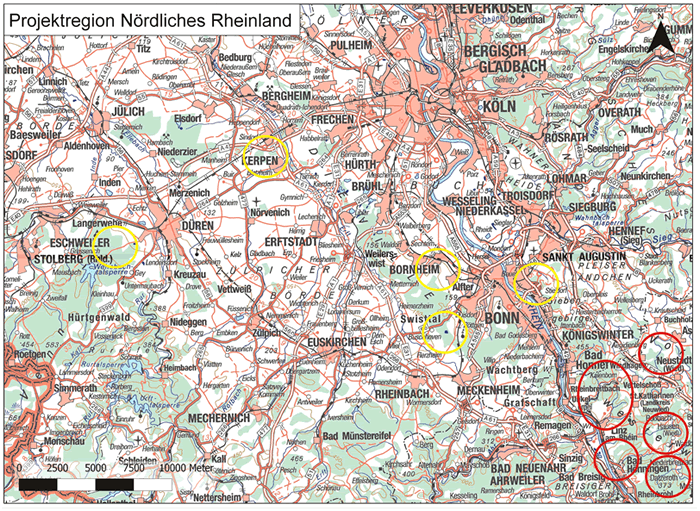 Abb. 1: Übersichtskarte zu der Projektregion „Nördliches Rheinland“ mit 11 Projektgebieten in Rheinland-Pfalz (rot) und 5 Projektgebieten in Nordrhein-Westfalen (gelb).