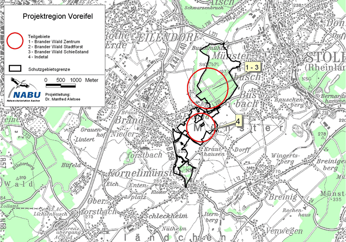 Abb. 1: Übersichtskarte zu der Projektregion „Voreifel" mit 4 Projektgebieten in Nordrhein-Westfalen.